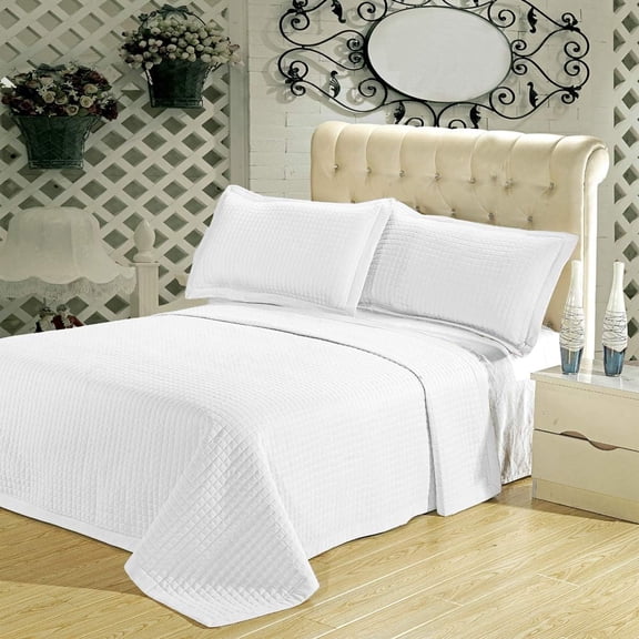 Sheetsnthings Luxury Checkered Quilted Wrinkle Free Microfiber 3 Piece Coverlets Set (White, Full/Queen)