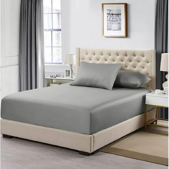 Sheetsnthings Made in USA- Luxury 800 Thread Count Pure Cotton Fitted Sheet Only with 2-Pillowcases (Queen Size-Grey) Heavyweight Sateen Weave Linens