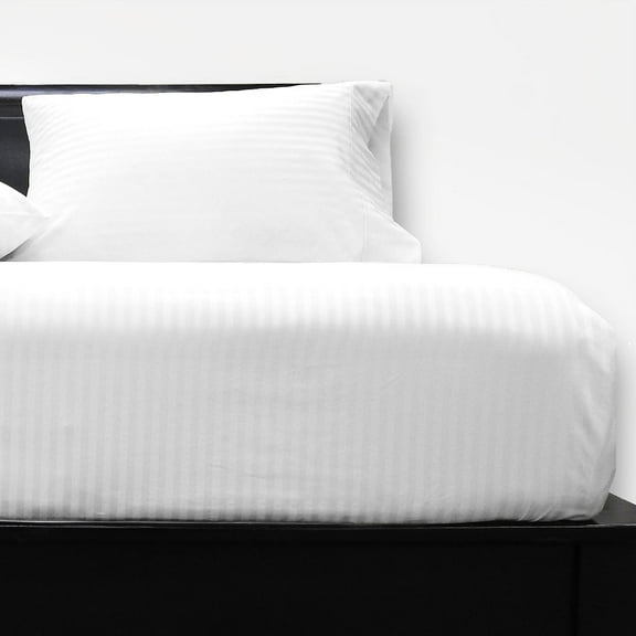 Sheetsnthings Made in USA- Pure Cotton Low Profile Sheet Set (7-10 Inches) 608 Thread Count, Queen Size Bed Sheets, Striped White