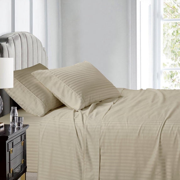 Sheetsnthings Made in USA- Pure Cotton Sheet Set- Extra Deep Pockets (22-Inches) 608 Thread Count, Queen Size Bed Sheets, Striped Beige