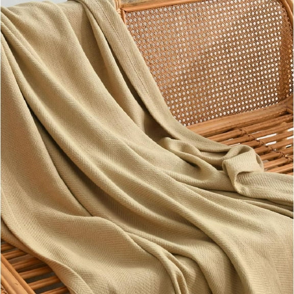 Sheetsnthings Medium Weight 100% Cotton Throw Blanket Jacquard (50"W x 70"L, Beige) Cozy and Comfortable for All Seasons