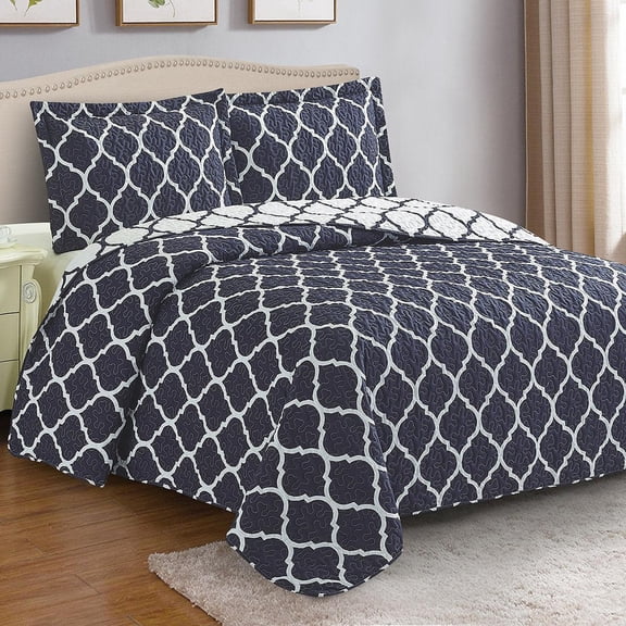 Sheetsnthings Meridian Navy/White Reversible Coverlets, King Over-Sized 3pc Quilt Set (110-Inch Wide x 96-Inch Long) Lightweight Bedspread