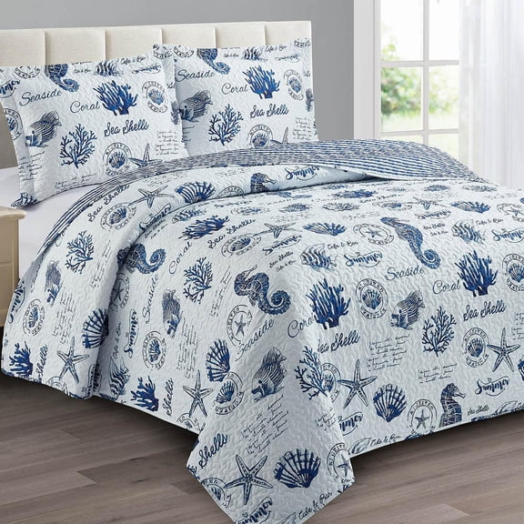 Sheetsnthings Nautical Sea Shells Reversible Coverlets, Full Over-Sized 3pc Quilt Set (92-Inch Wide x 96-Inch Long) Lightweight Bedspread