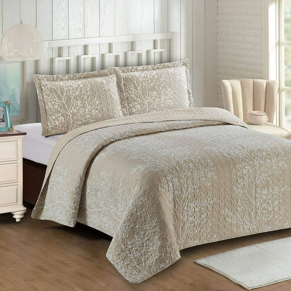 Sheetsnthings Odette Beige Reversible Coverlets, King/California King Over-Sized 3pc Quilt Set (110-Inch Wide x 96-Inch Long) Lightweight Bedspread