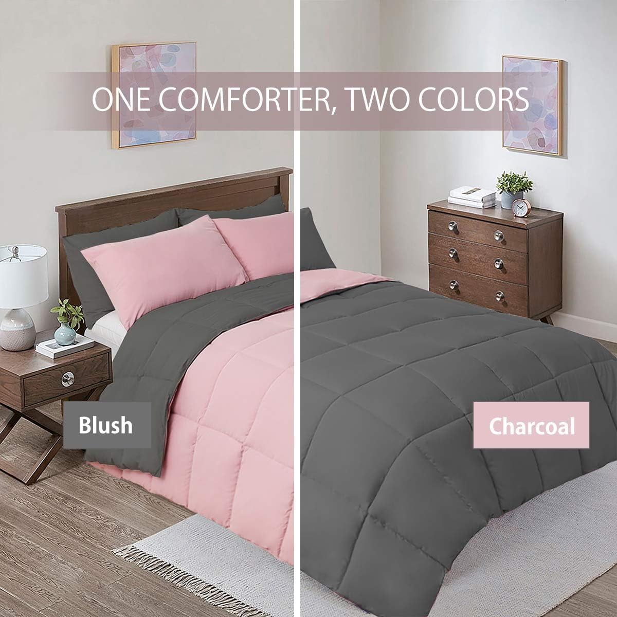 Sheetsnthings Reversible Down Alternative Comforter, Medium Warmth (41-Ounces of Fill) Oversized Queen Blanket, Charcoal-Blush