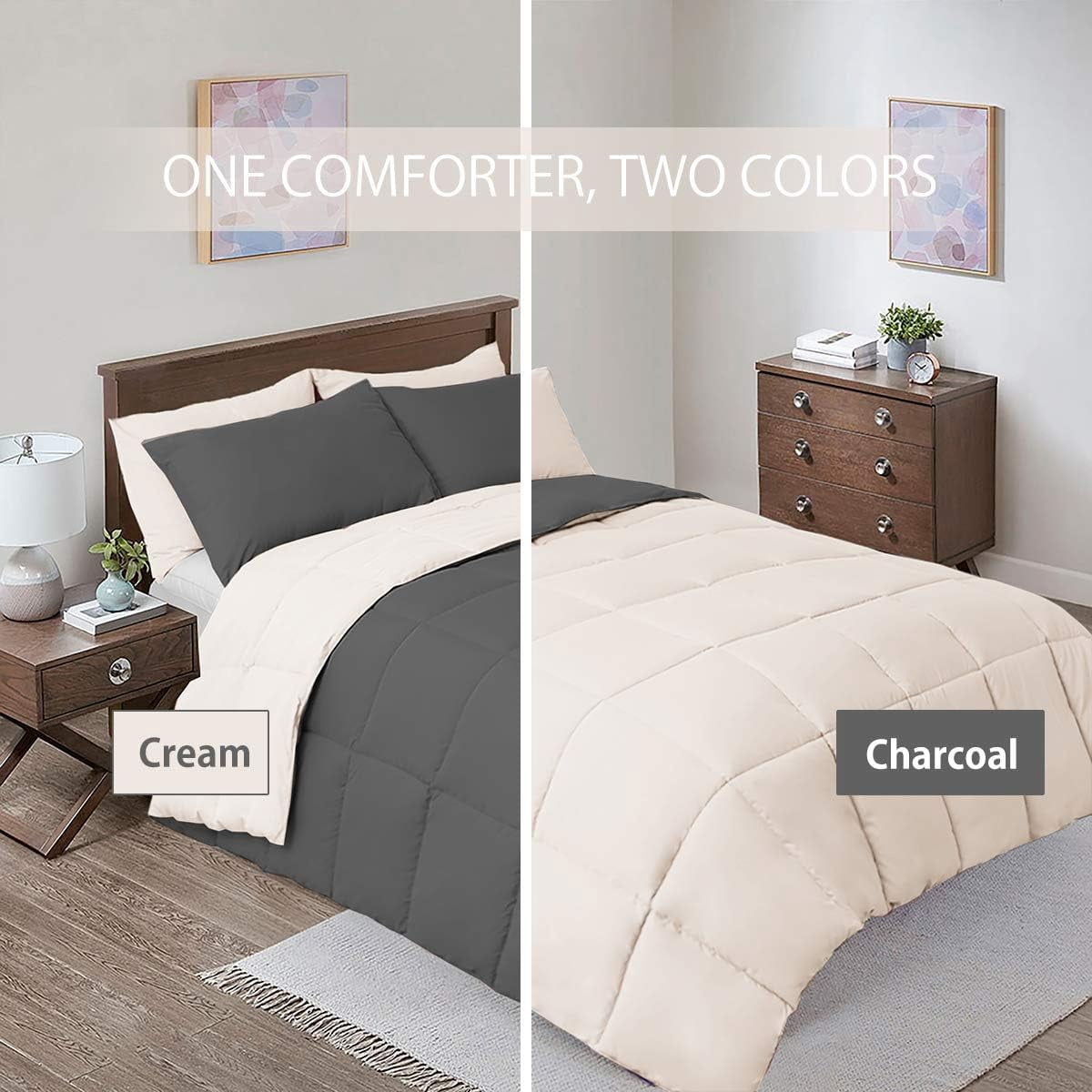Sheetsnthings Reversible Down Alternative Comforter, Medium Warmth (41-Ounces of Fill) Oversized Queen Blanket, Charcoal-Cream