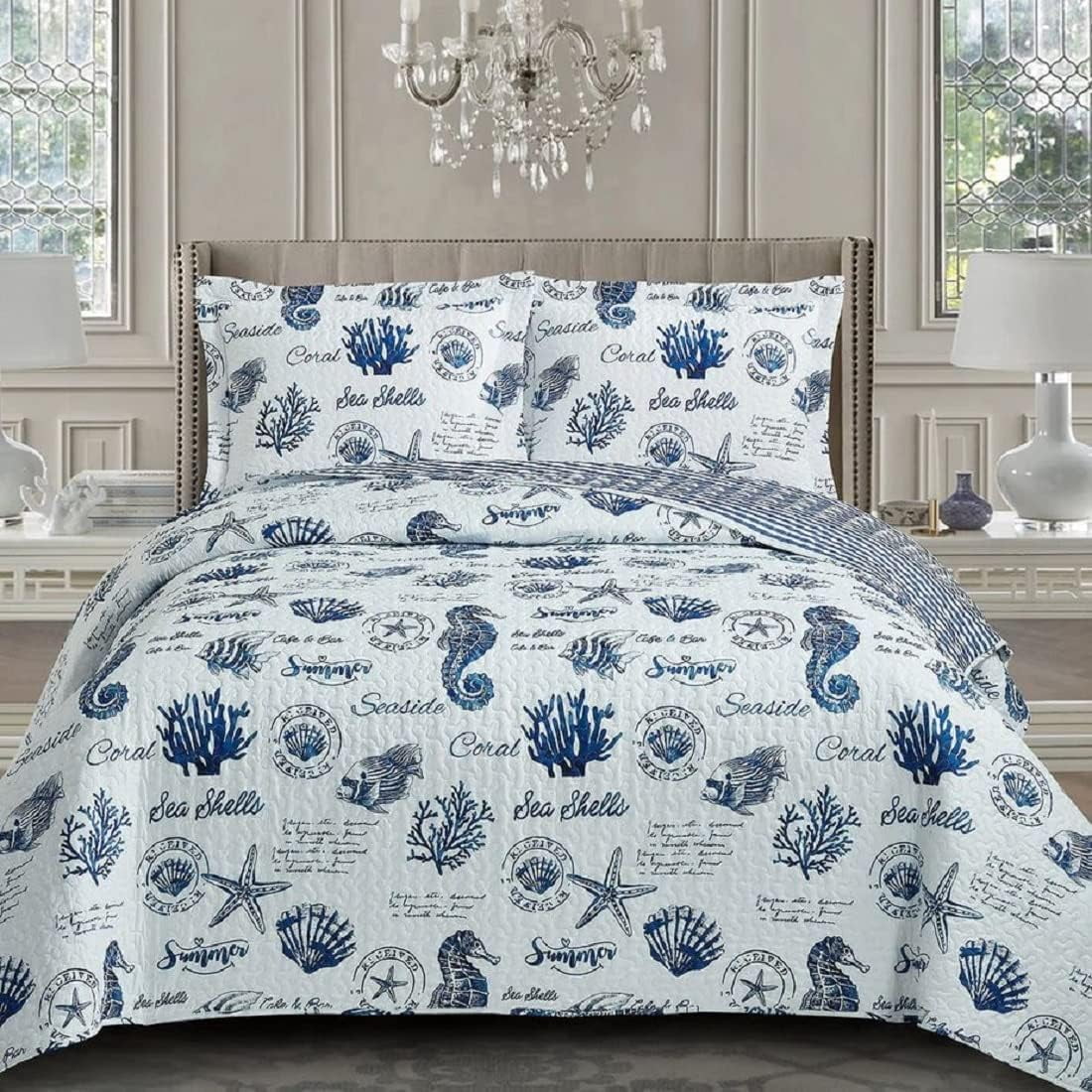 Shell Bedspread Sheetsnthings Sea Shells Reversible Coverlet, Full/Queen Over-Sized 3pc ...