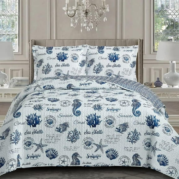 Sheetsnthings Sea Shells Reversible Coverlet, Twin/Twin XL Oversized 2pc Quilt Set (68-Inch Wide x 90-Inch Long) Lightweight Bedspread