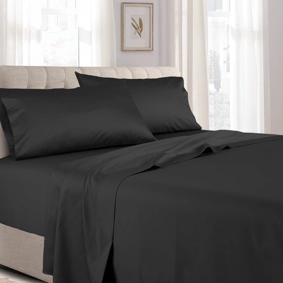 Sheetsnthings Solid 300 Thread Count, 100% Cotton 4PC Olympic Queen Bed Sheets Set with Deep Pockets, Black