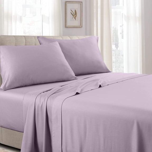 Sheetsnthings Solid 300 Thread Count, 100% Cotton 5PC Split King Sheets Set for Adjustable Beds, Lilac