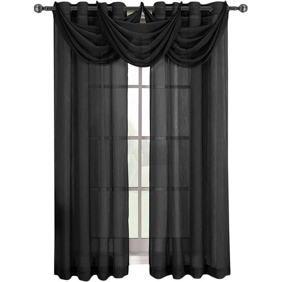 Sheetsnthings Solid Abri Grommet, 24-Inch Wide x 24-Inch Long, 1 Crushed Sheer Waterfall Valance, Black