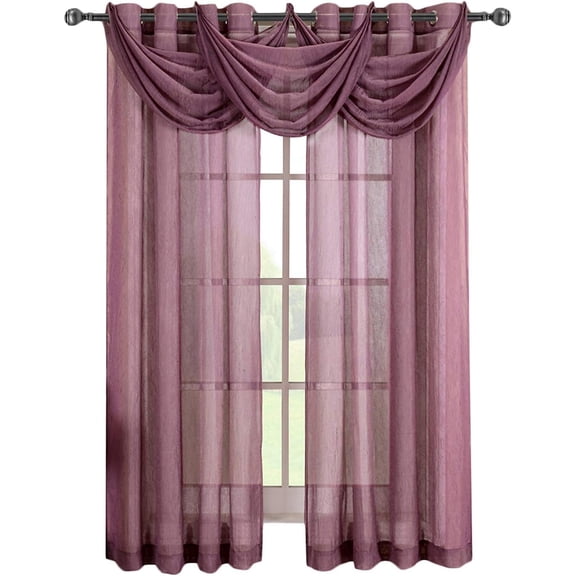 Sheetsnthings Solid Abri Grommet, 24-Inch Wide x 24-Inch Long, 1 Crushed Sheer Waterfall Valance, Eggplant