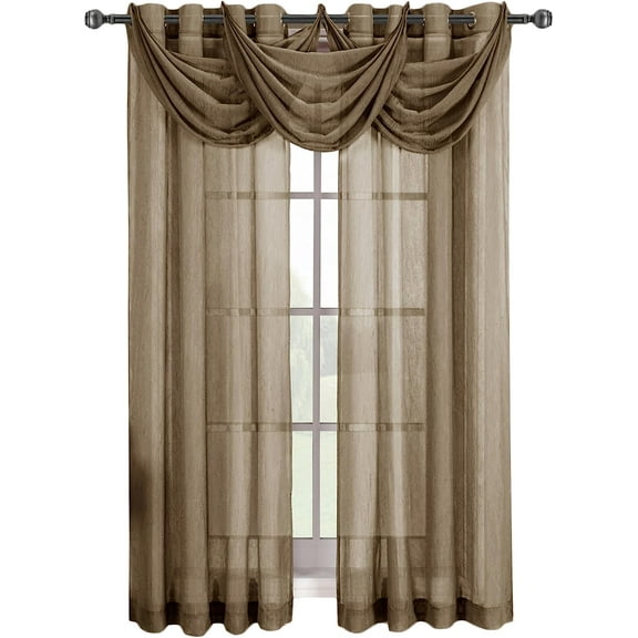 Sheetsnthings Solid Abri Grommet, 24-Inch Wide x 24-Inch Long, 1 Crushed Sheer Waterfall Valance, Mocha