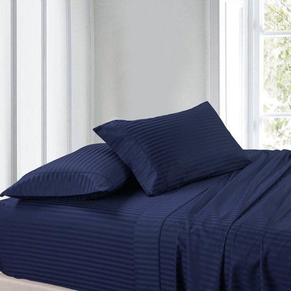 Sheetsnthings Striped 300-Thread-Count, 100-Percent Cotton Super-Single Size Attached Waterbed Sheets Set, Navy