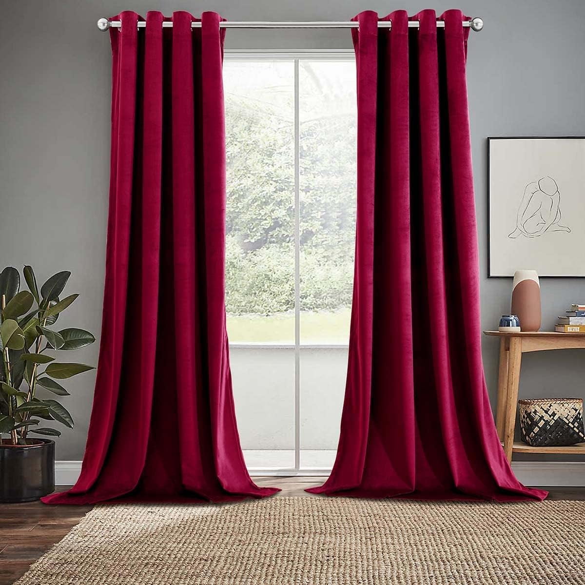Sheetsnthings Velvet Heavyweight Grommet Top Window Curtains, Set of 2 (52"Wx108"L) Solid Panels, Burgundy