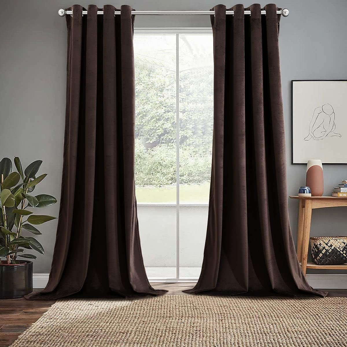 Sheetsnthings Velvet Heavyweight Grommet Top Window Curtains, Set of 2 (52"Wx108"L) Solid Panels, Chocolate