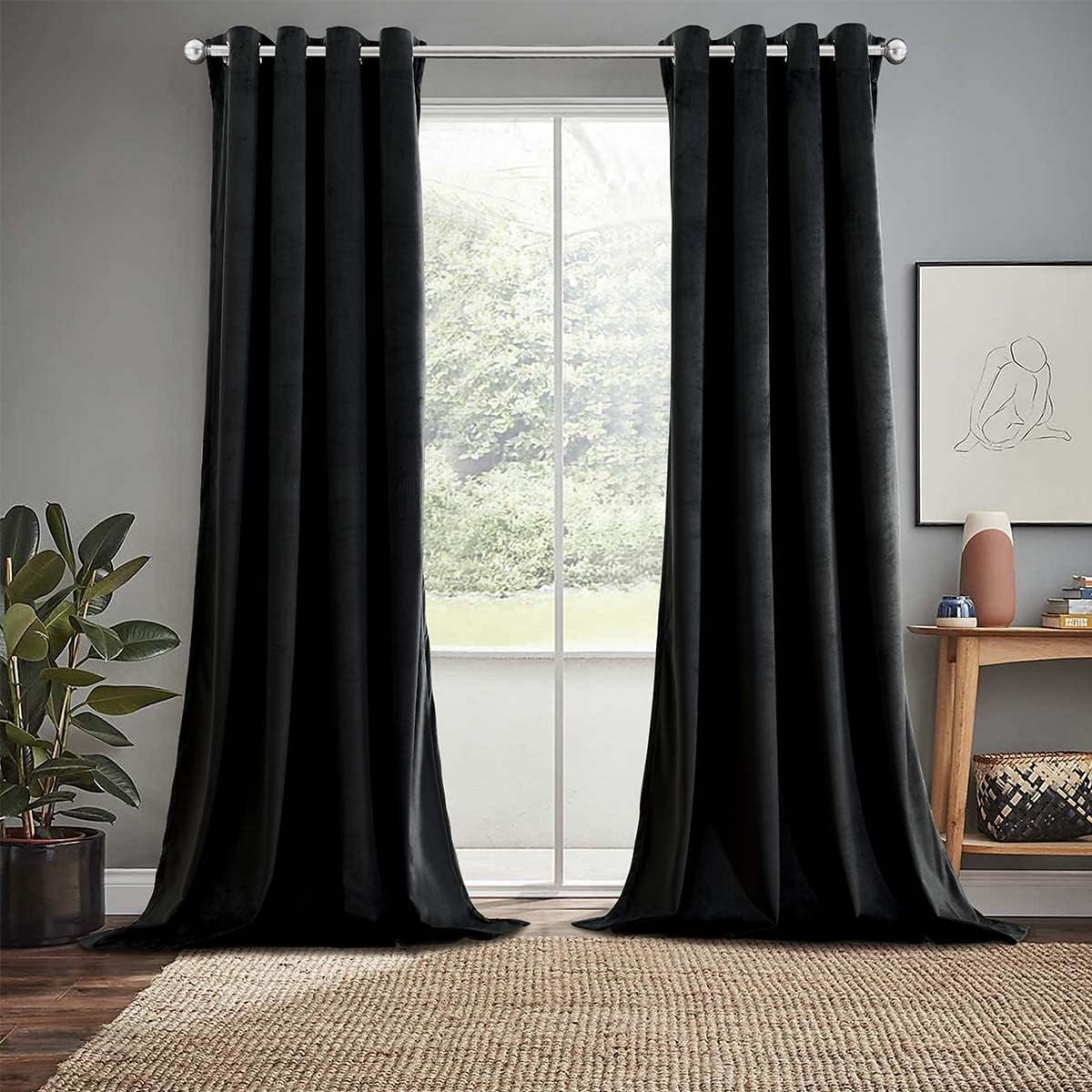 Sheetsnthings Velvet Heavyweight Grommet Top Window Curtains, Set of 2 (52"Wx63"L) Solid Panels, Black