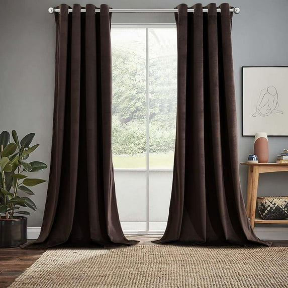 Sheetsnthings Velvet Heavyweight Grommet Top Window Curtains, Set of 2 (52"Wx63"L) Solid Panels, Chocolate