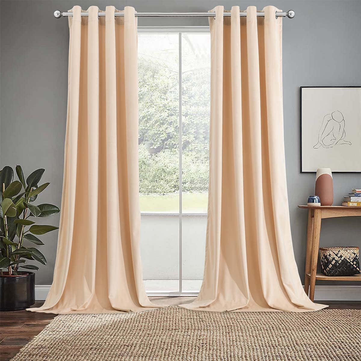 Sheetsnthings Velvet Heavyweight Grommet Top Window Curtains, Set of 2 (52"Wx96"L) Solid Panels, Beige