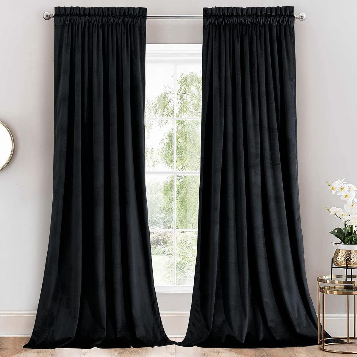 Sheetsnthings Velvet Heavyweight Rod Pocket Window Curtains, Set of 2 (52"Wx96"L) Solid Panels, Black