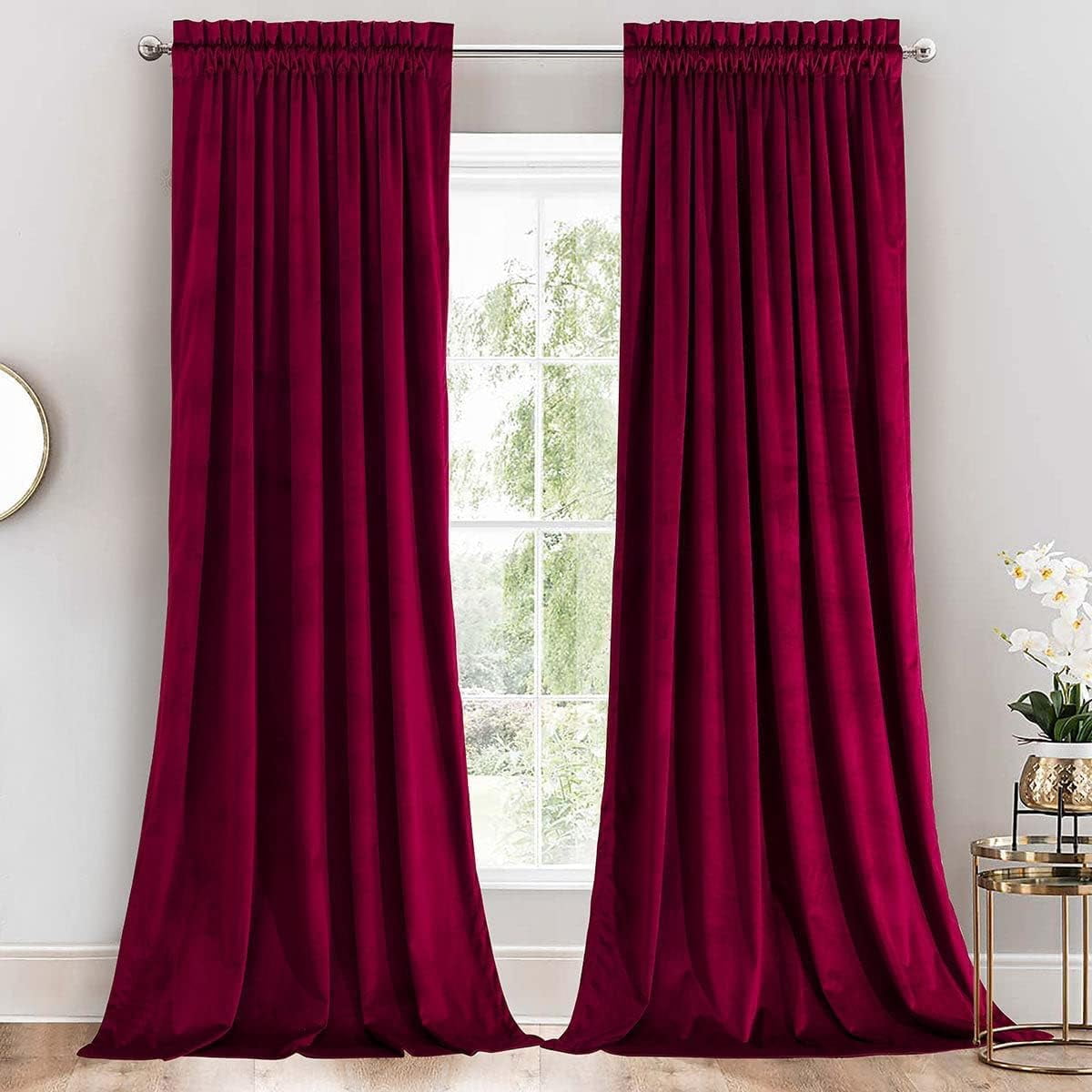 Sheetsnthings Velvet Heavyweight Rod Pocket Window Curtains, Set of 2 (52"Wx96"L) Solid Panels, Burgundy