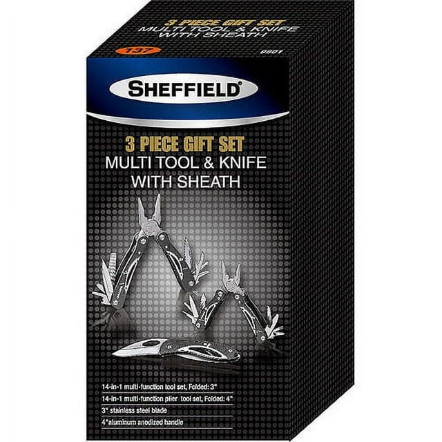 Sheffield 3-Piece Set with 2 Multi-tools, a Folding Knife and a Sheath