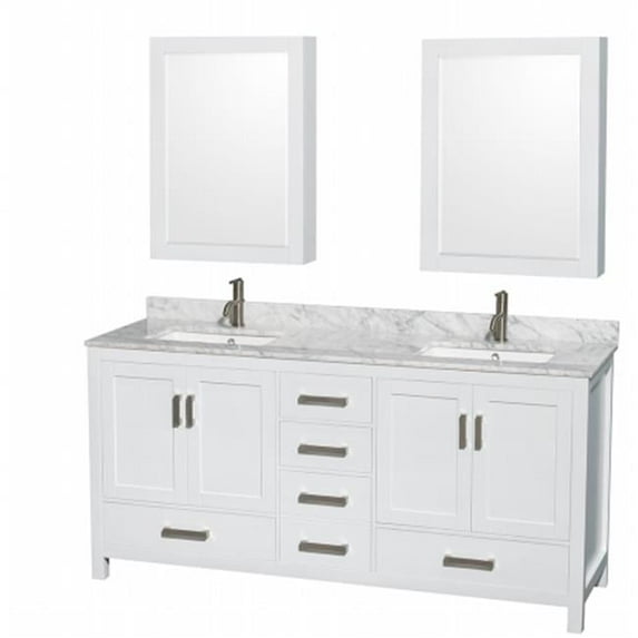 Sheffield 72 in. Double Bathroom Vanity in White- White Carrera Marble Countertop- Undermount Square Sinks- and Medicine Cabinets
