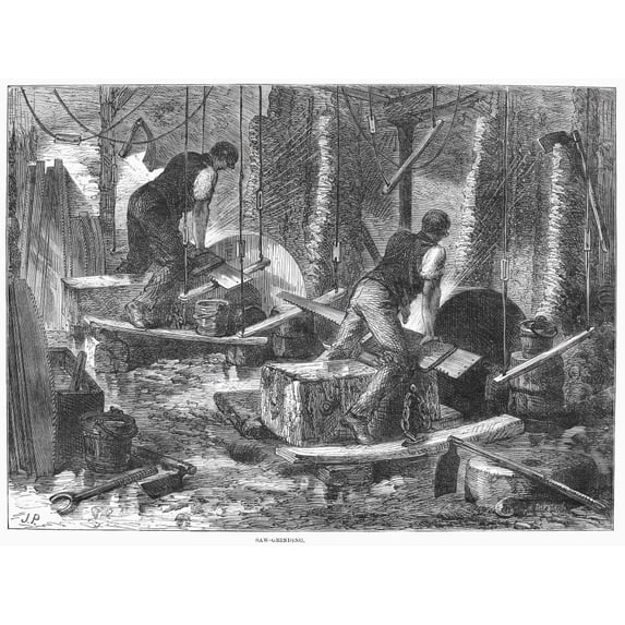 Sheffield Factory 1865. Nthe Grinding Of Saws By Hand At A Factory In Sheffield England. Wood Engraving English