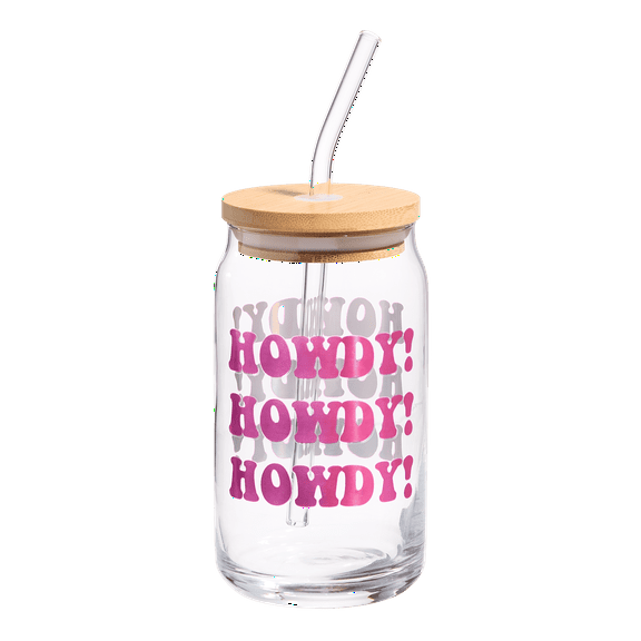 Sheffield Home 16oz Pink with HOWDY! Print Glass Sipper with Straw