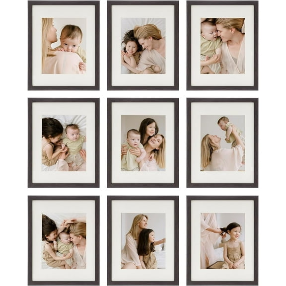 Sheffield Home 9-Pc Wall Decor Picture Frame Set 11x14” Matted Picture Frames for Home Decor, Dark Oak