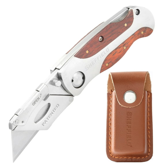 Sheffield Premium Quick Change Folding Utility Knife with Leather Sheath, 6 inch, Woodgrain Handle