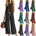 thumbnail image 1 of Sheghy 2 Piece Sets for Women Cotton Women All Over Print Crew Neck Sleeveless Top & Wide Leg Pocket Long Pants 2 Piece Outfit, 1 of 6