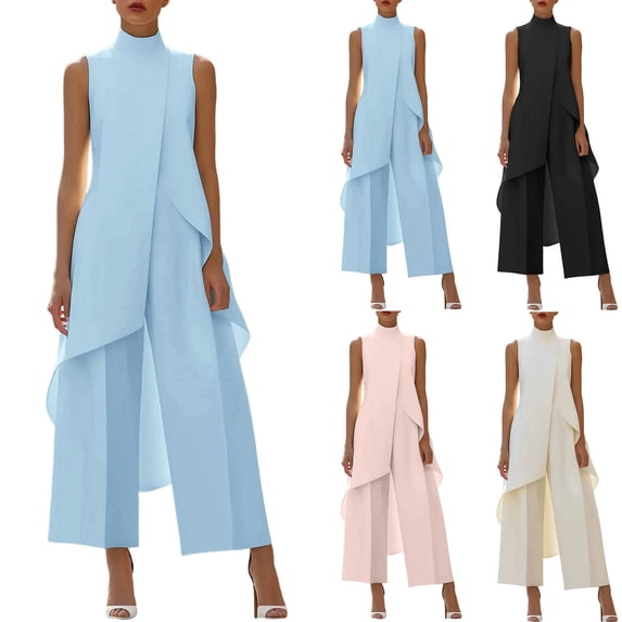 Sheghy 2 Piece Sets for Women Summer 100%Cotton Women Turtleneck Sleeveless Layered Top & Wide Leg Long Pants 2 Piece Outfit