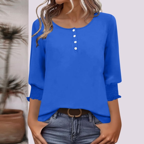 Sheghy 3/4 Length Sleeve Womens Tops Summer Crew Neck Button Down Casual T-Shirt Blue XL