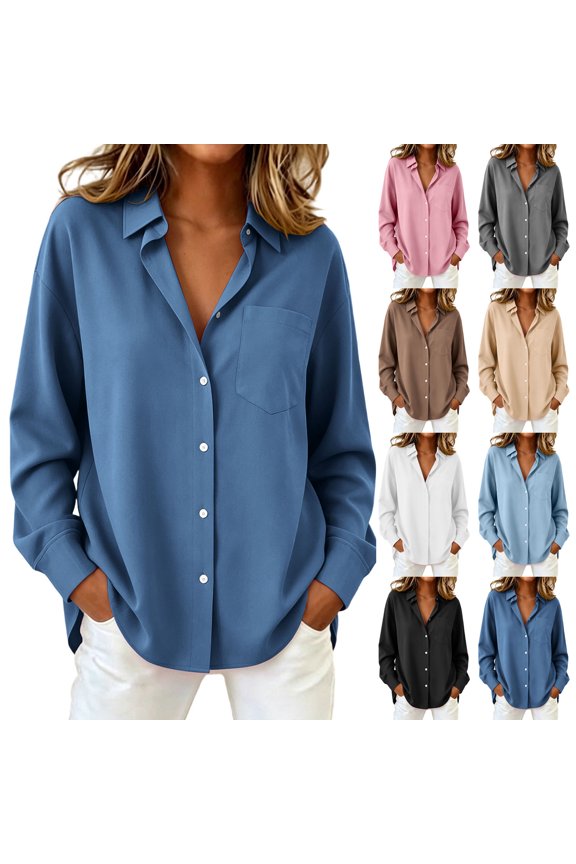 Athletic Tank Tops for Women Collared Pleated Ruffle Hem Long Sleeve for Work Loose Fit Tees Tops Navy L