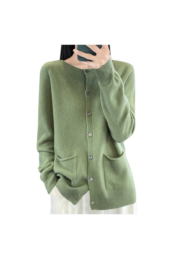 Cardigan Sweaters for Women Cotton Crew Neck Knit Sweater Raglan Sleeve Button Top with Side Pockets Green XXL