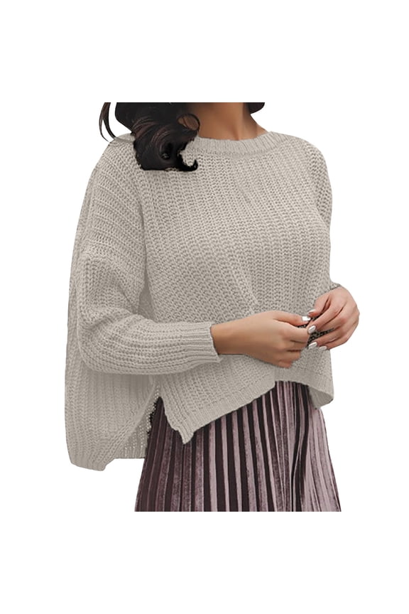 Cardigan Sweaters for Women Dressy Cropped Crew Neck Sweater Button Side Split Basic Knit Top White S