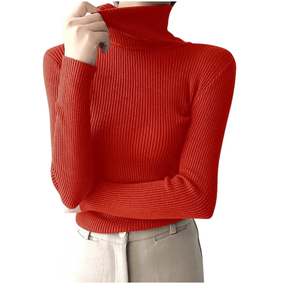 Sheghy Cardigan Sweaters for Women Plus Size Turtleneck Knit Sweater Solid Long Sleeve Pullover Basic Warm Top Red Free Size