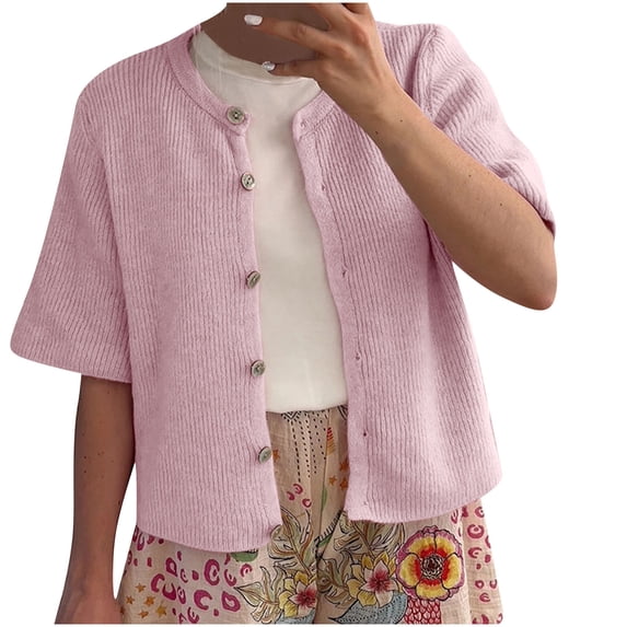 Sheghy Cardigan Sweaters for Women Trendy Crew Neck Knit Cardigan Solid Button Front 5/4 Sleeve Casual Top Pink L
