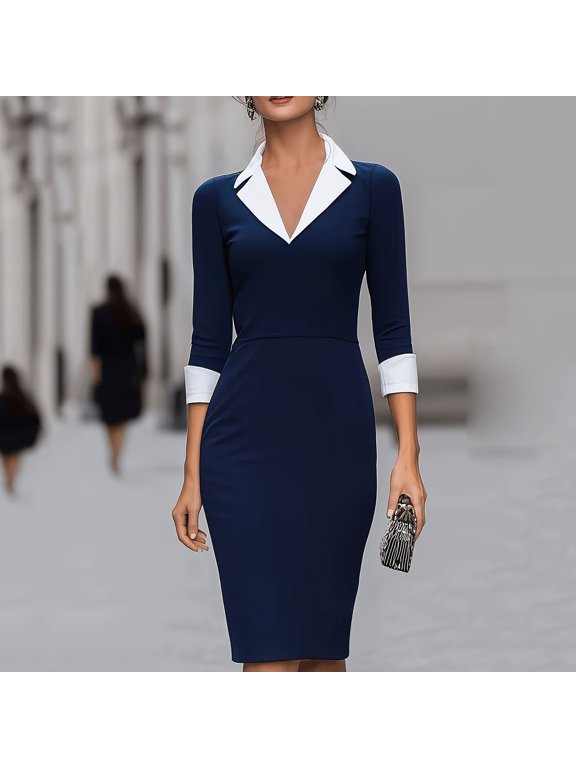 Contrast White Collar V‑Neck 3/4 Sleeve Bodycon Midi Dress Women Fall Dresses
