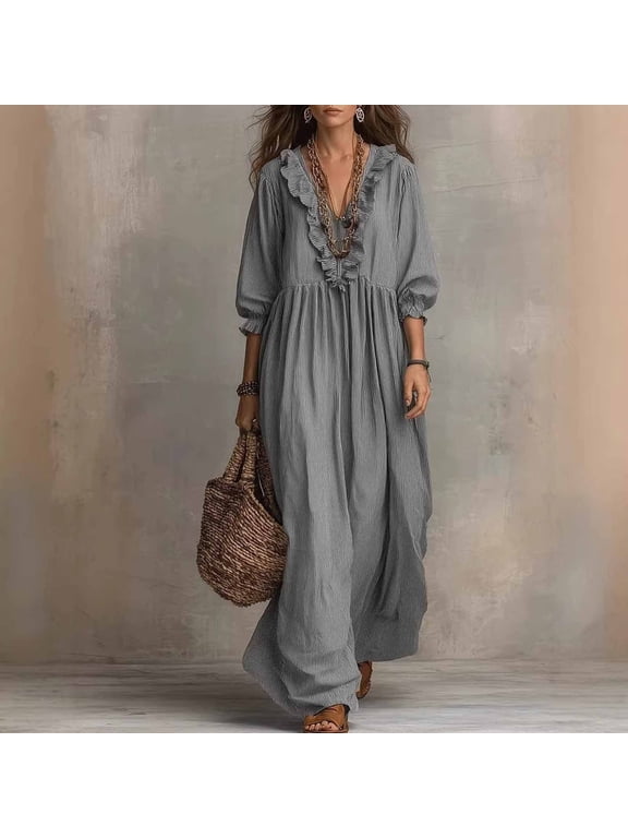 Cotton Blend 3/4 Sleeve A Line Cut Sundresses Plus Size for Women 2026 Cool Season with Flare Cuff V Neck Gray S