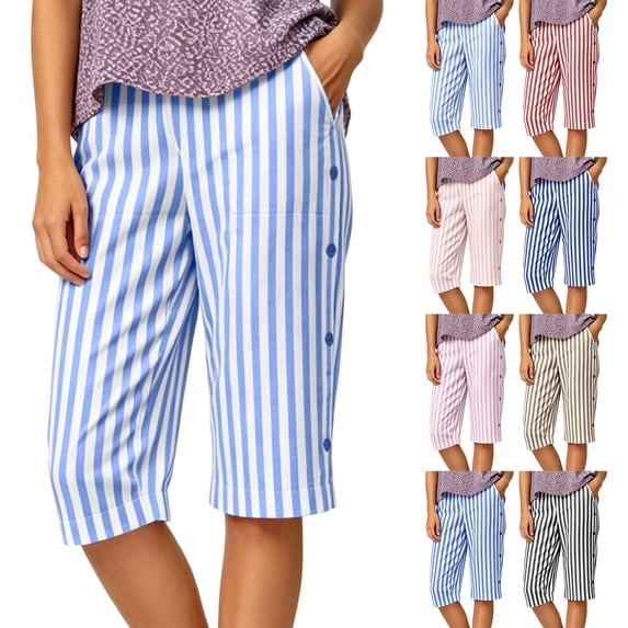 Sheghy Cotton Shorts Casual Women Fashion Striped Decorative Button Knee-Length Casual Bermuda Shorts Purple L