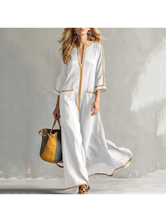 Crinkled Linen 3/4 Sleeve A Line Cut Casual Dresses for Women Plus Size 2026 Cool Season with Loose Cuff V Neck White S