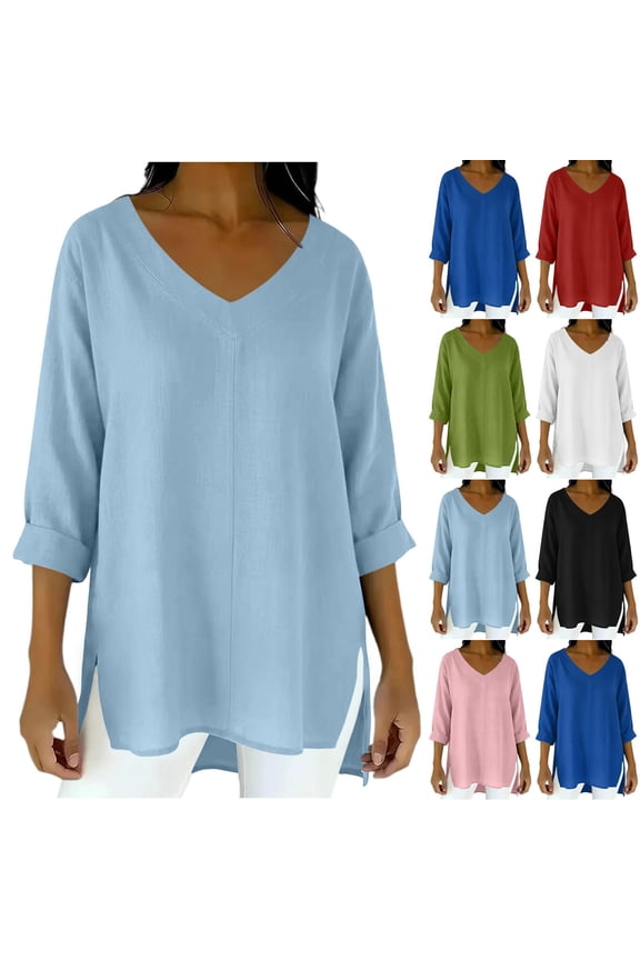 Fall 100%Cotton Women's Fashion Solid Color V Neck Long Sleeve Tops Blouses Slit Short In Front Long Back Top