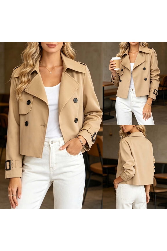 Going Out Top Cropped Jacket for Women, Solid Collared Button Long Sleeve Fashion Outerwear Khaki S
