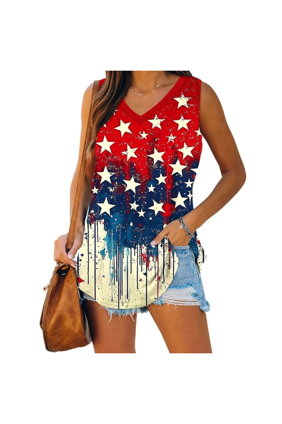 Halter Tops for Women Plus Size V Neck Printed Cami, Independence Day Pattern Loose Sleeveless Top Red S
