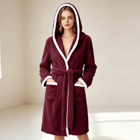 Sheghy Hooded Long Fleece Womens Robe Thick Absorbent Warm Loungewear Bathrobe