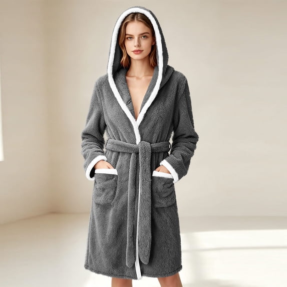 Sheghy Hooded Long Fleece Womens Robe Thick Absorbent Warm Loungewear Bathrobe