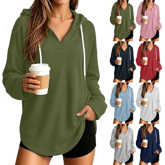 Sheghy Hoodies for Women Ladies Daily and Winter Long Sleeved V-neck Drawstring Knitted Loose Fitting Hooded Sweatshirt Hanging Sweatshirt Top Army Green S