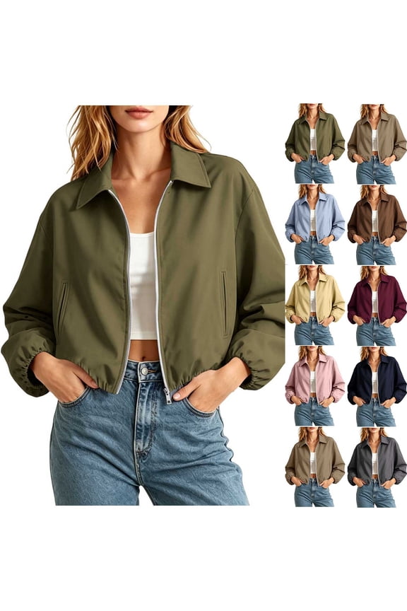 Jackets for Women Zip Up Baseball Jacket, Collared Coat with Flared Hem for All Seasons Gray XS